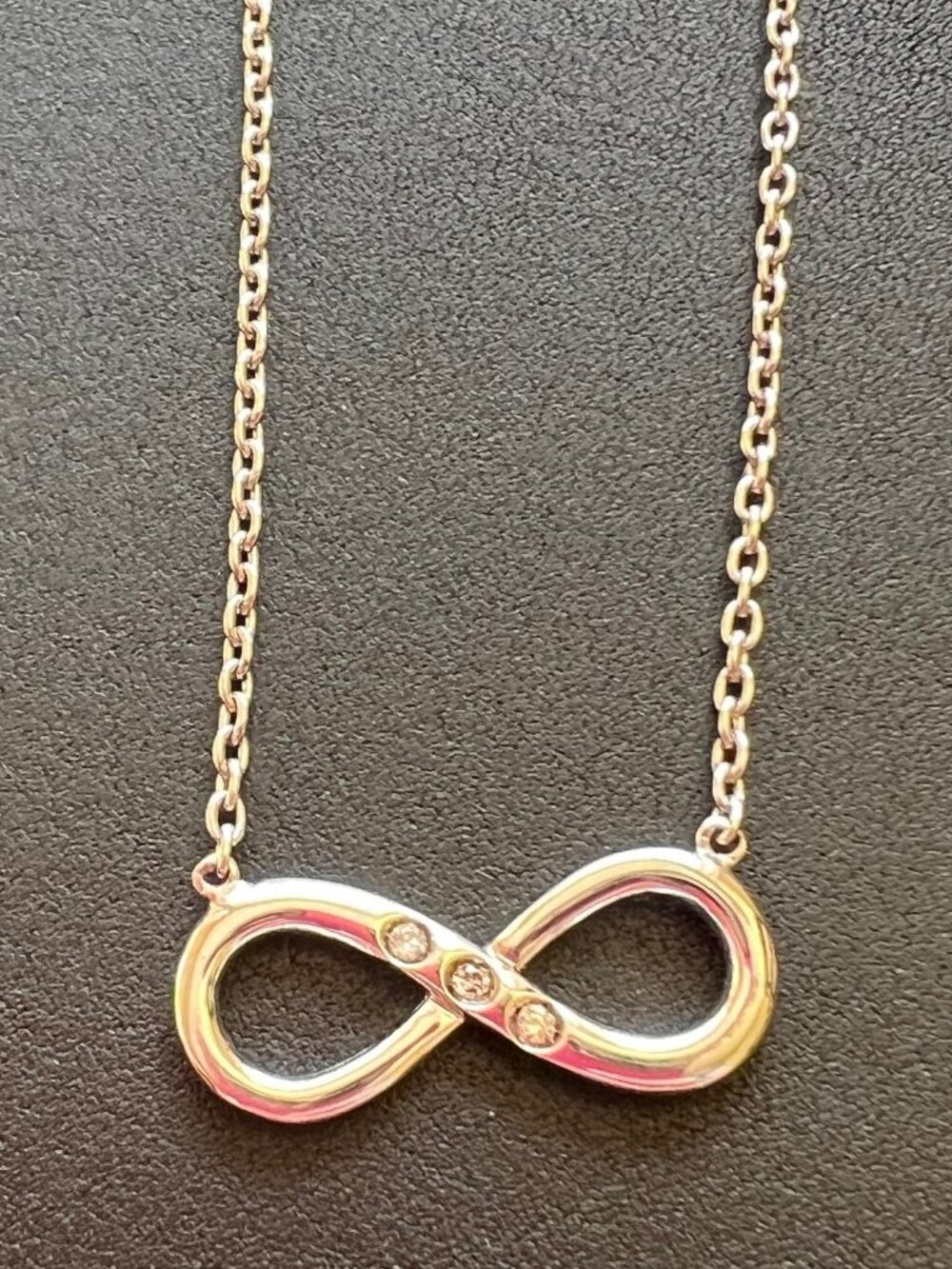 Infinity necklace sterling silver 18 inch chain with 3 round diamond accents 925